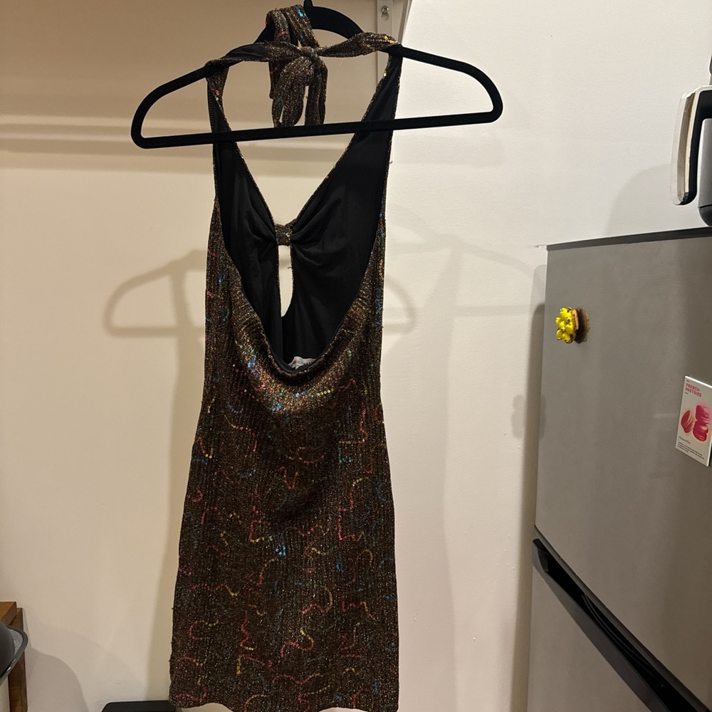 Urban Outfitters Black Sparkle One-Shoulder Mini Dress with Multicolor Threads - Picture 3 of 5